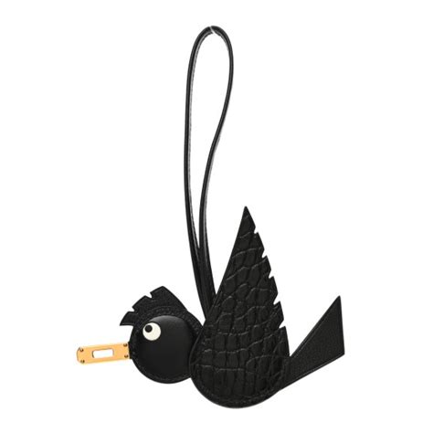 HERMES Swift Alligator Birdy Bag Charm Black .